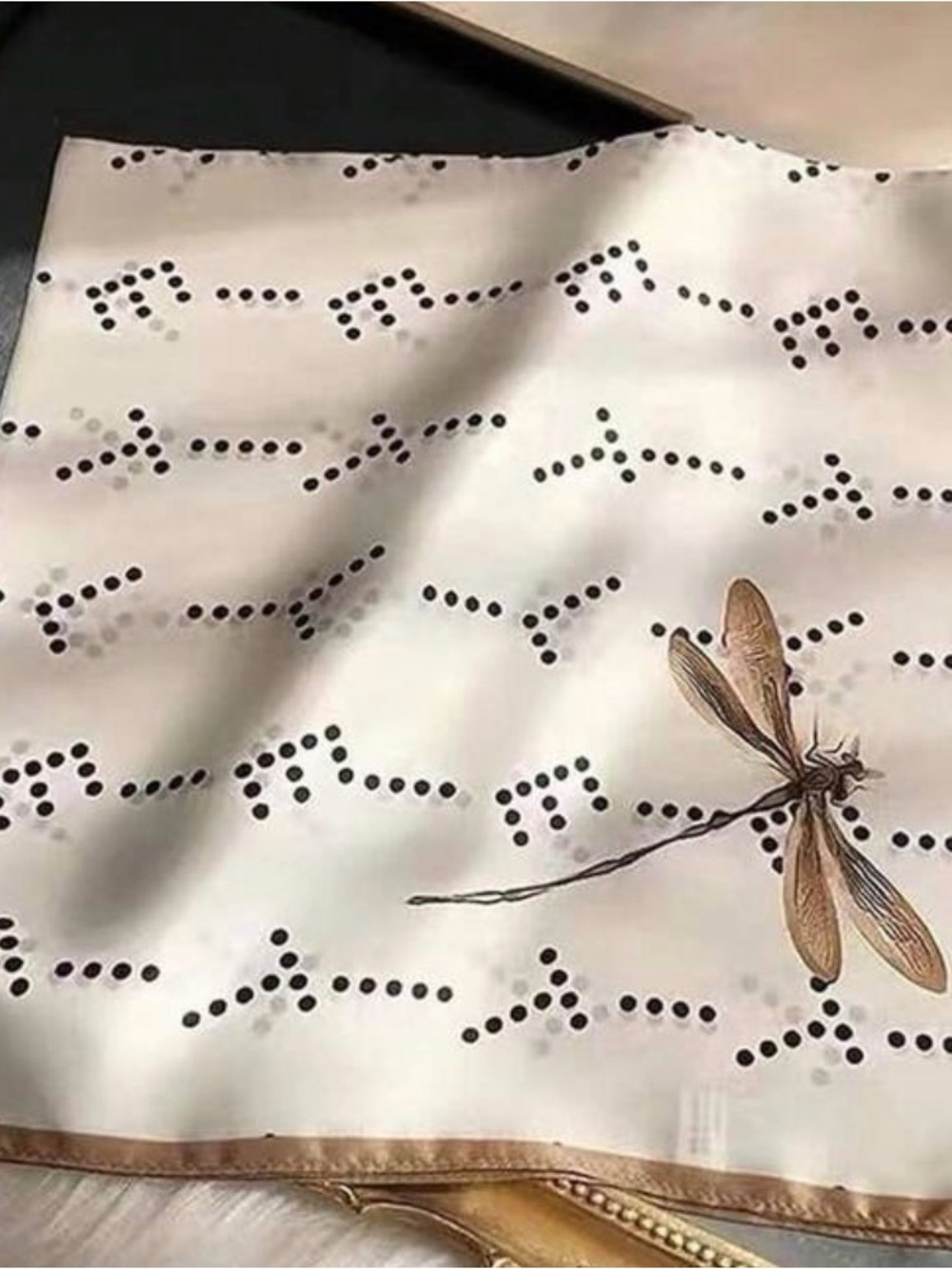 Cream and Beige Dragonfly Print Silk Scarf 25" x 25"